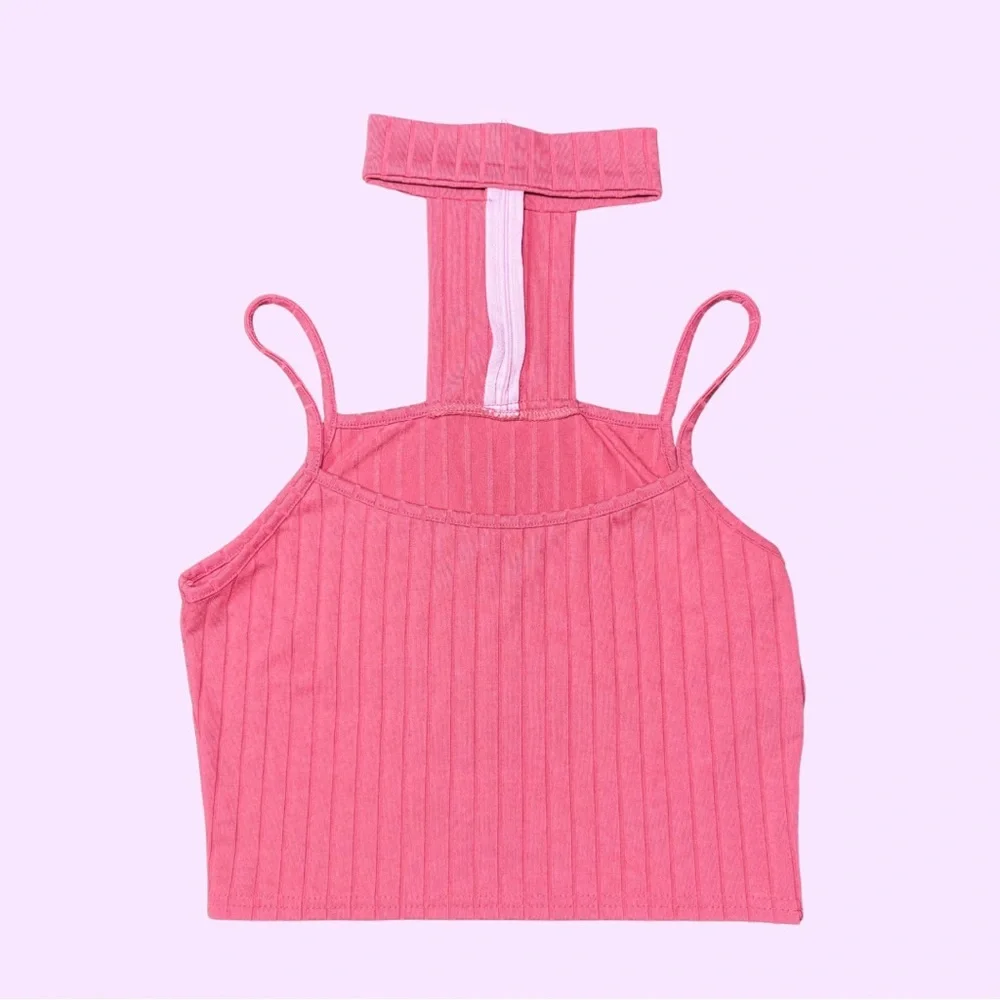 Pink Ribbed Halter Crop Top with Choker - Picture 1 of 3